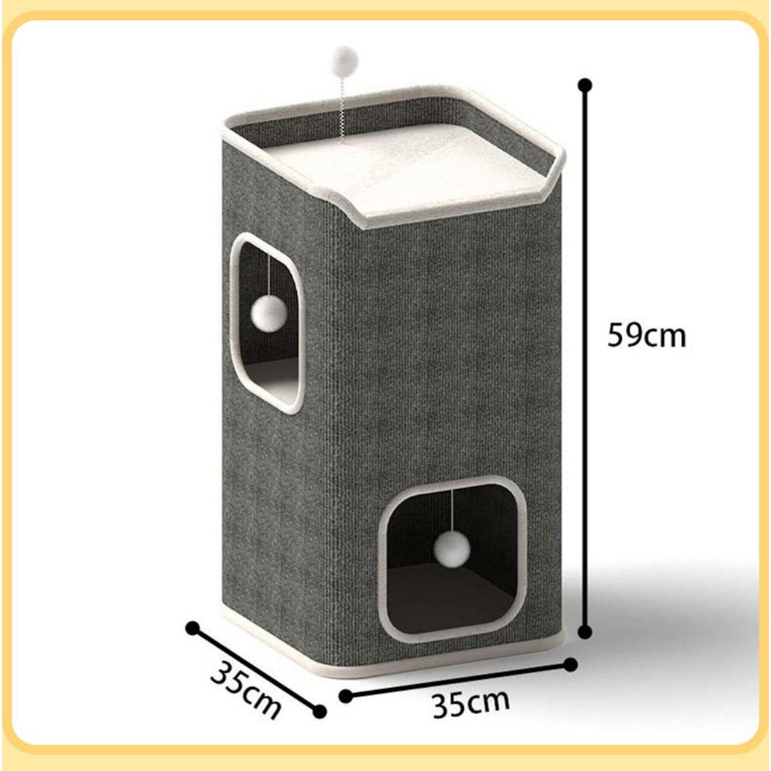 Petananda All-season Warm Semi-enclosed Cat Bed With Integrated Scratcher & Tree — 2-Tier 35x35x59cm