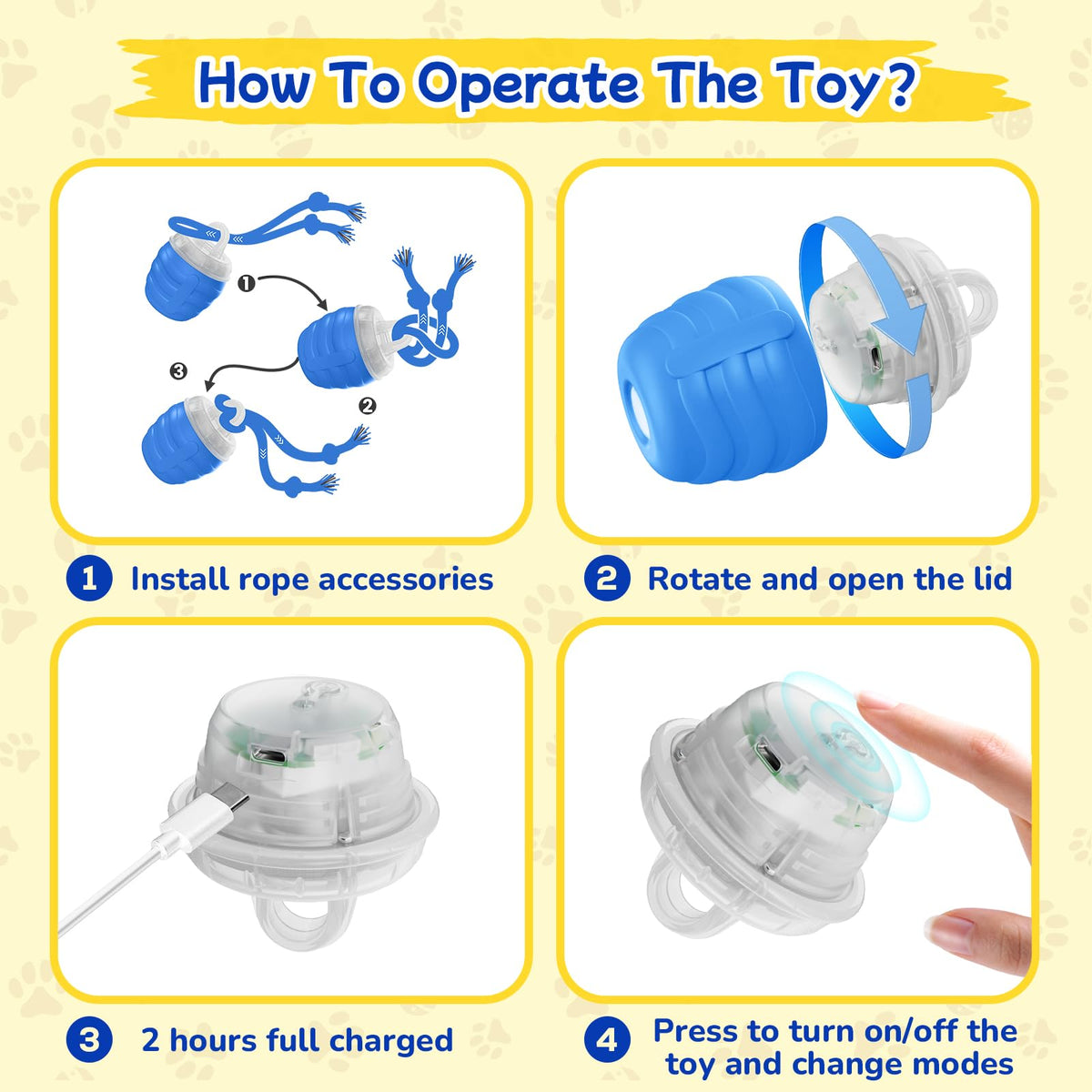 How to operate The Chase Buddy: attach rope, open lid, charge, press to switch modes