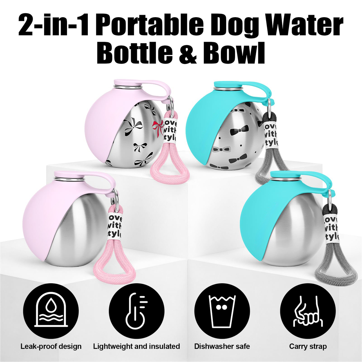 2-in-1 portable dog water bottle and bowl in pink and blue