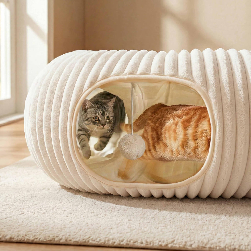 Petananda Cat Tunnel Bed With  Interactive Cat Toys, Cat Tube With Kitten Toys For Indoor Kittens, Collapsible Play Tunnel, White — in use