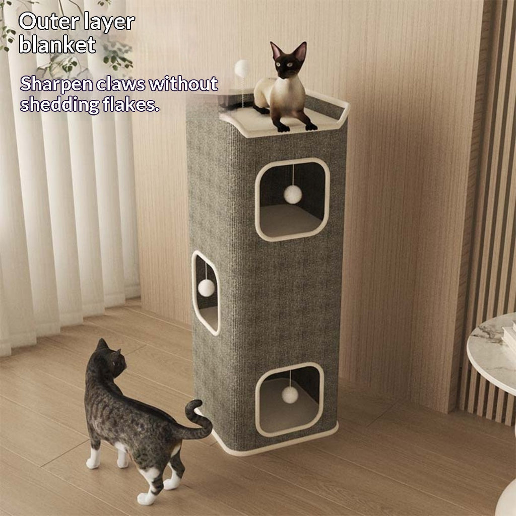 All-Season Warm Semi-Enclosed Cat Bed with Integrated Scratcher & Tree