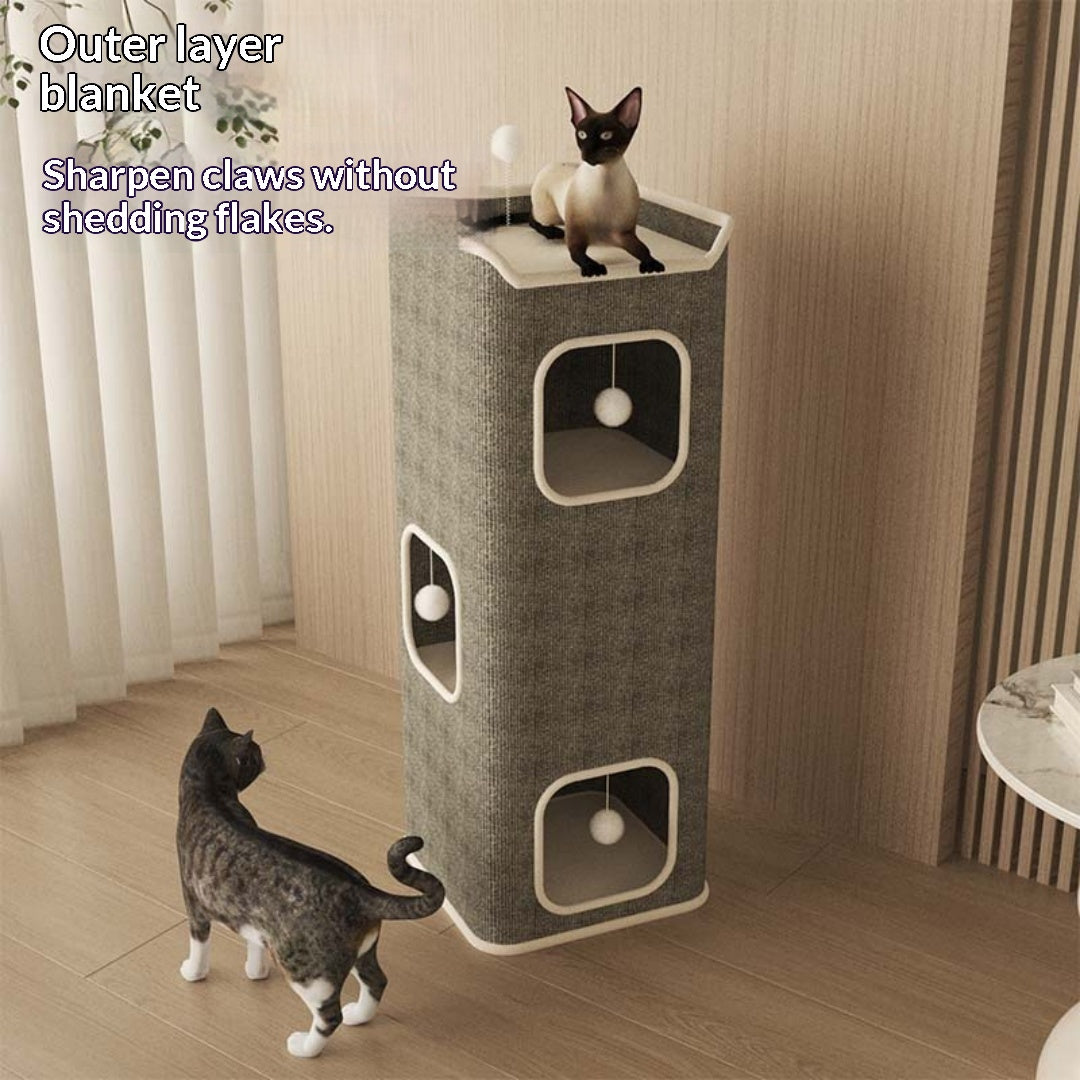 All-Season Warm Semi-Enclosed Cat Bed with Integrated Scratcher & Tree