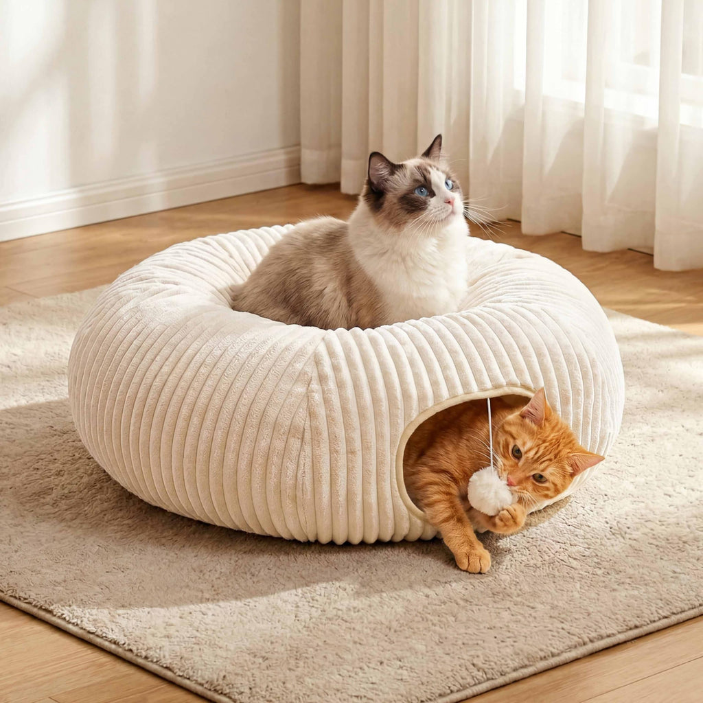Petananda Cat Tunnel Bed With  Interactive Cat Toys, Cat Tube With Kitten Toys For Indoor Kittens, Collapsible Play Tunnel, White — in use