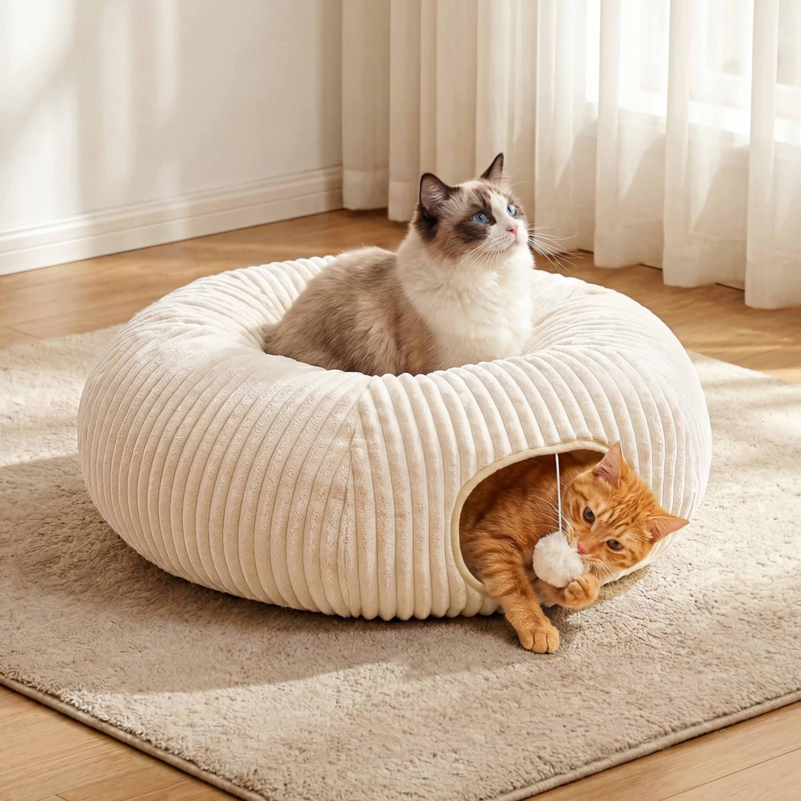 Petananda Cat Tunnel Bed With  Interactive Cat Toys, Cat Tube With Kitten Toys For Indoor Kittens, Collapsible Play Tunnel, White — in use