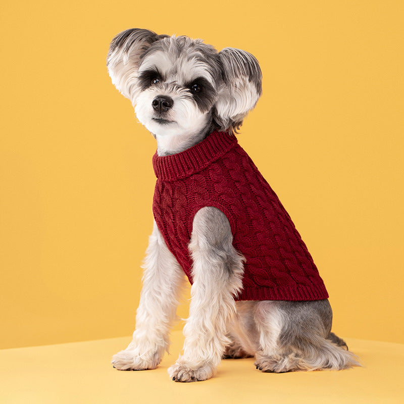 Dark Red cable-knit turtleneck dog sweater on a small dog