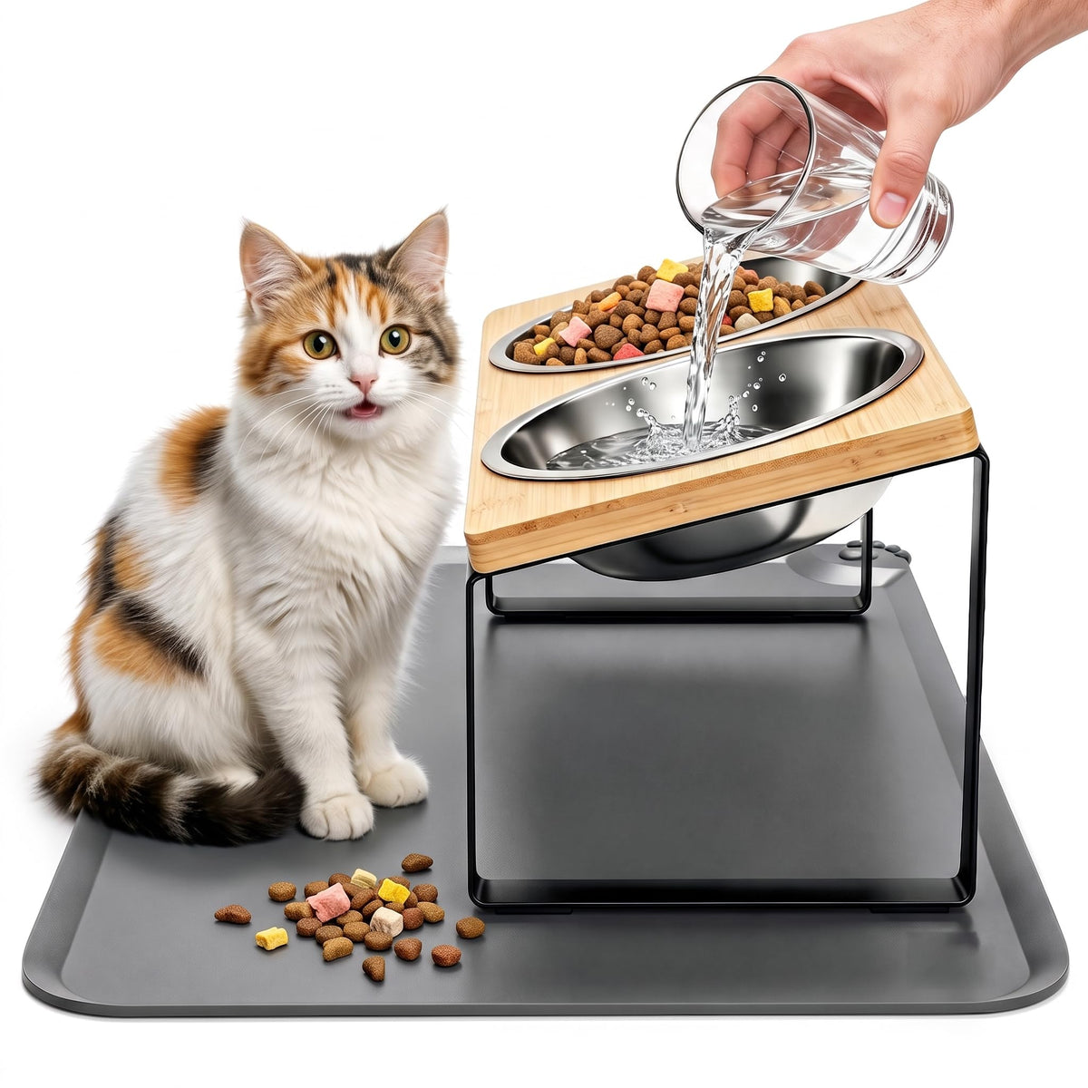Petananda Elevated Tilted Cat Food Bowls With Mat
