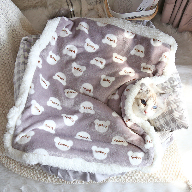 Gray bear-print fleece pet blanket on a cat bed
