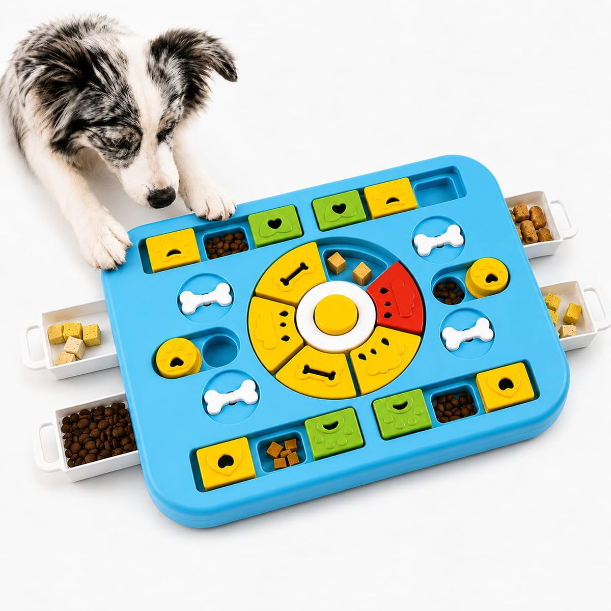 IQ Treat Puzzle 4-in-1 dog puzzle feeder, blue, with a puppy