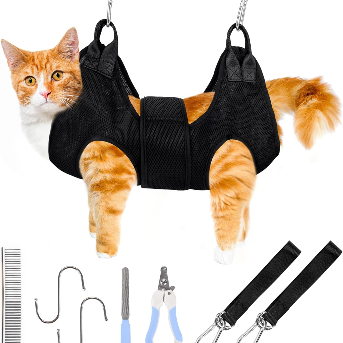 Petananda Cat Grooming Hammock Kit For Cats Dogs Up To 12 Lb, Hanging Harness And Sling For Nail Trimming, Includes Clippers Trimmer — in use