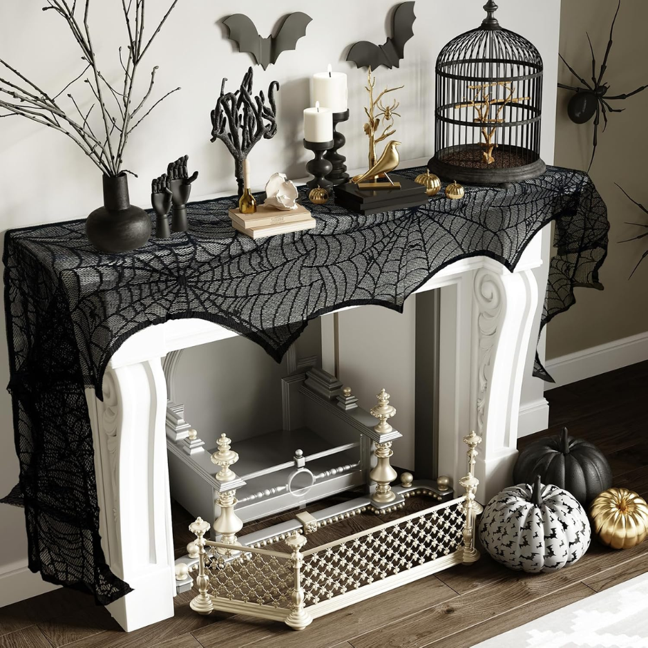 Petananda Black Lace Spiderweb Fireplace Mantle Scarf Cover 18 X 96 Spooky Halloween Cobweb Table Runner & Party Decor — in use