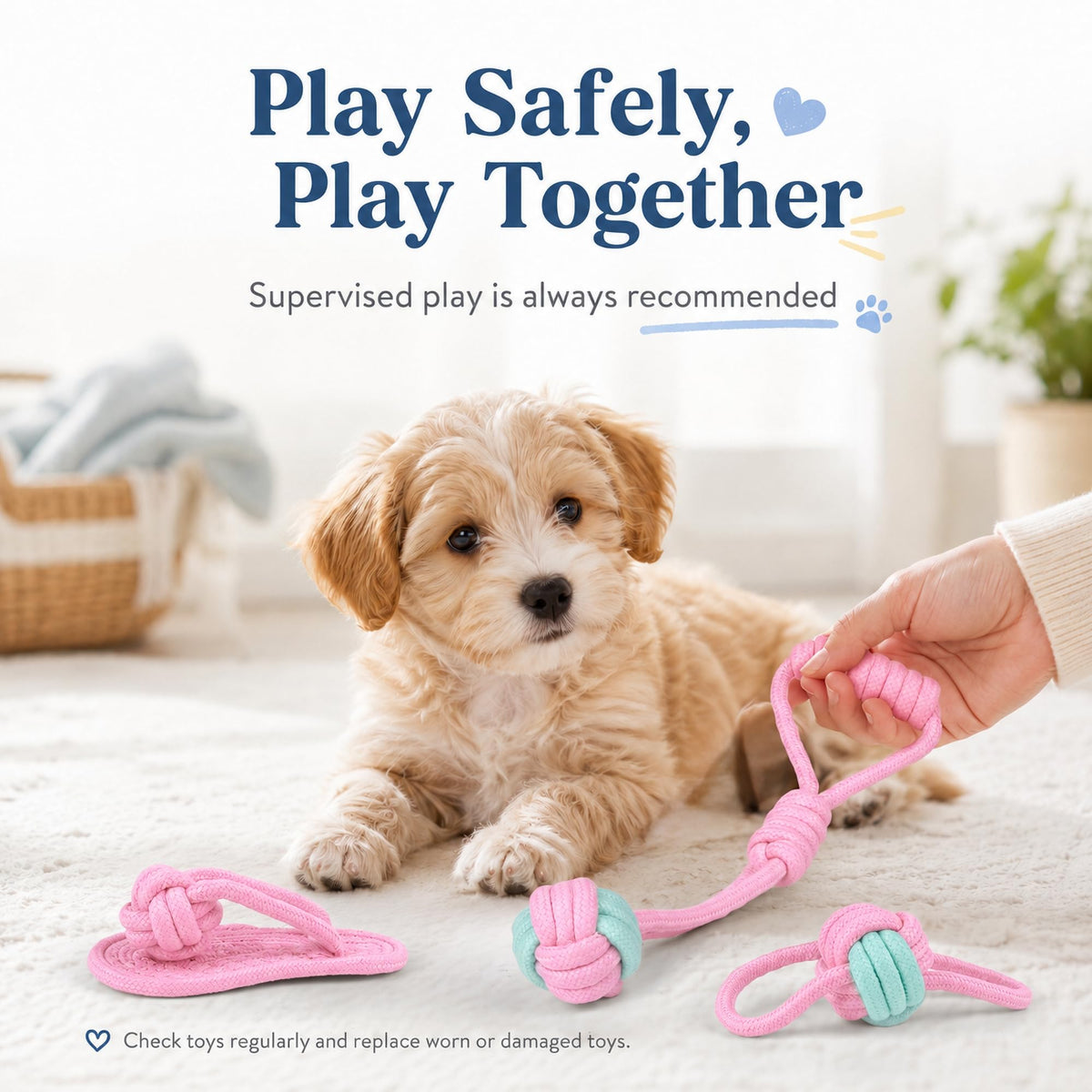 Petananda Dog Rope Toys For Puppies And Small Dogs, 6 Pack Cotton Rope Chew And Tug Toys For Teething Puppies, Tossing And Indoor Play — in use