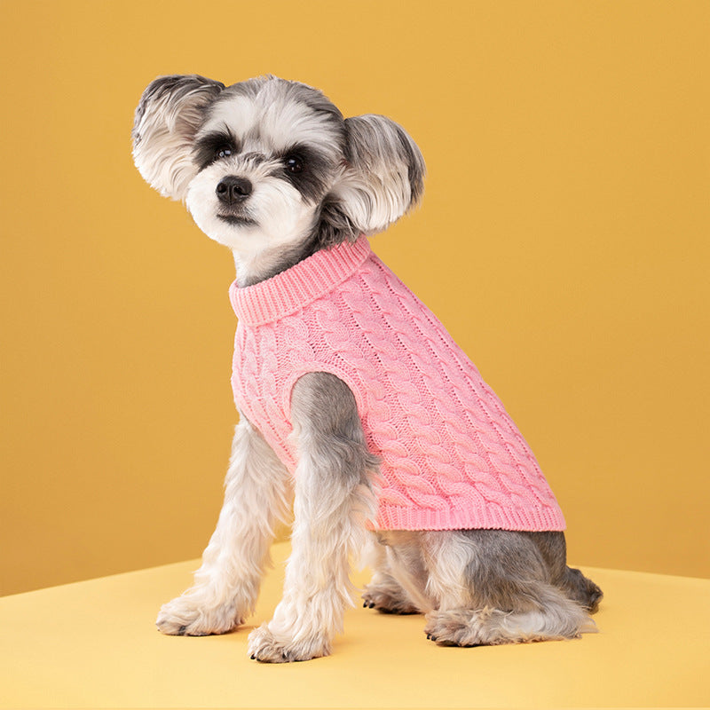 Pink cable-knit turtleneck dog sweater on a small dog