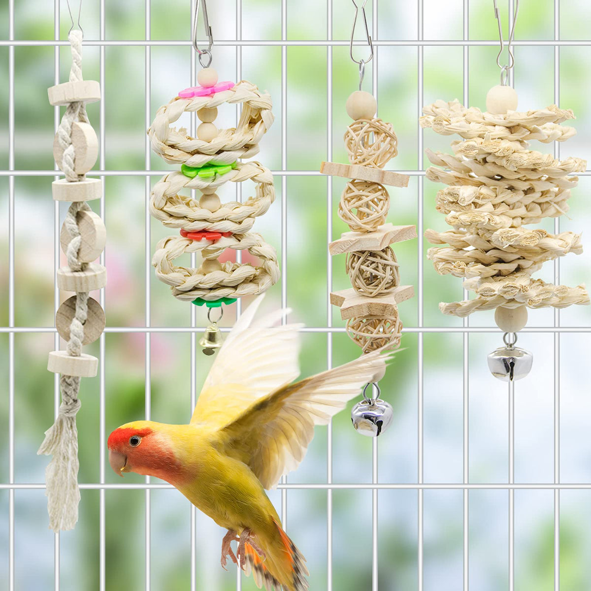 Petananda 7 Packs Bird Parrot Swing Chewing Toys-Hanging Bell Bird Cage Playing Toys Hanging Rope And Clip Design, Suitable For Small Parakeets, Cockatiels, Conures, Finches,Budgie,Macaws, Parrots, Love Birds — in use