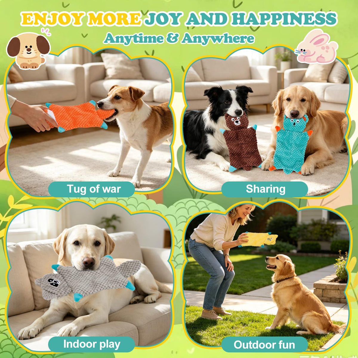 Petananda No-Stuffing Squeaky Plush Dog Toys — in use