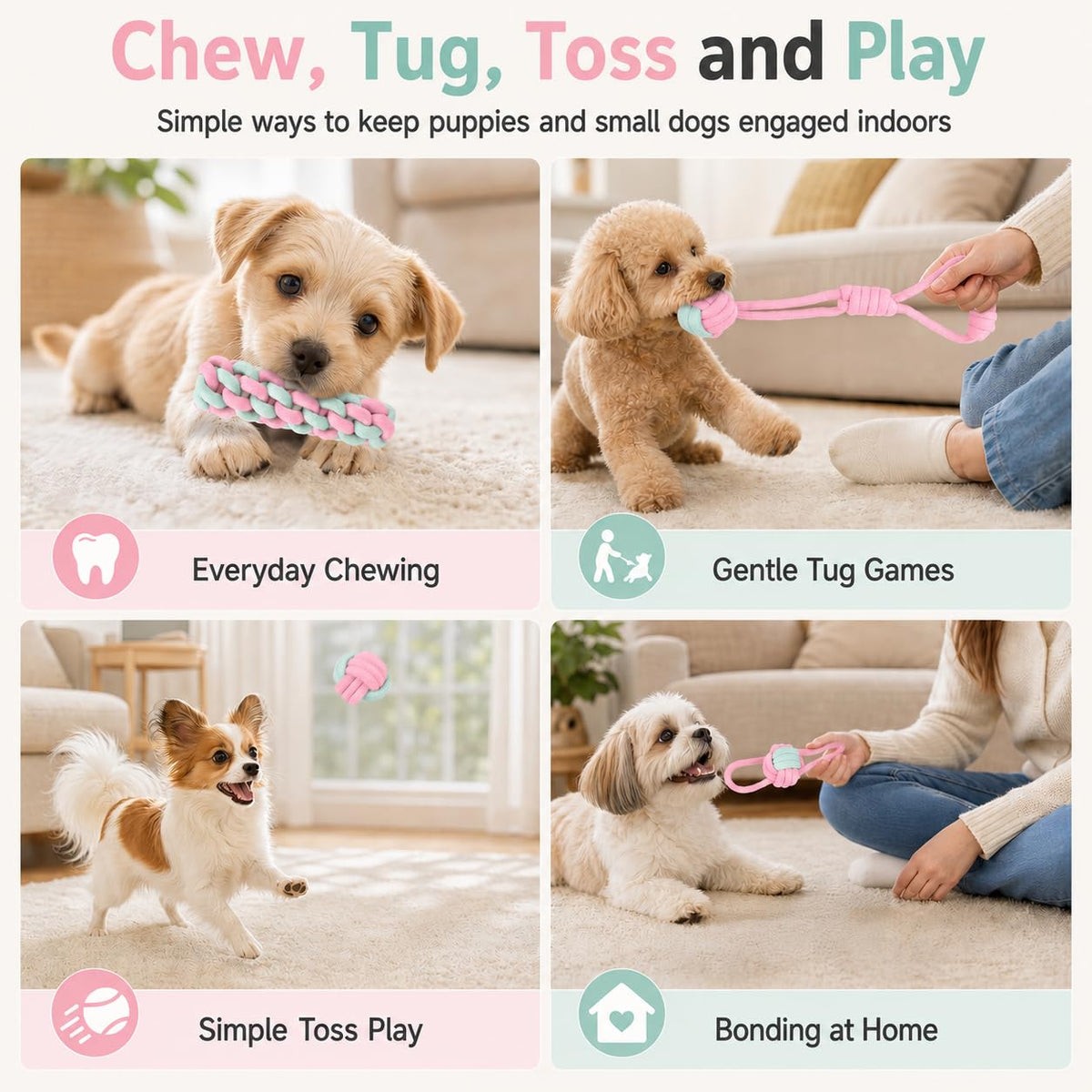 Petananda Dog Rope Toys For Puppies And Small Dogs, 6 Pack Cotton Rope Chew And Tug Toys For Teething Puppies, Tossing And Indoor Play — in use