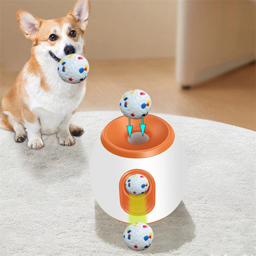 FetchBot automatic dog ball launcher with a dog catching a ball