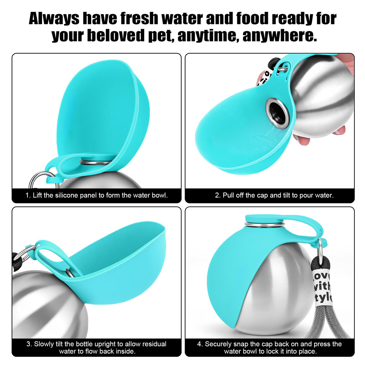 How to use the bottle bowl: lift the panel, pour, tilt back, snap the cap shut