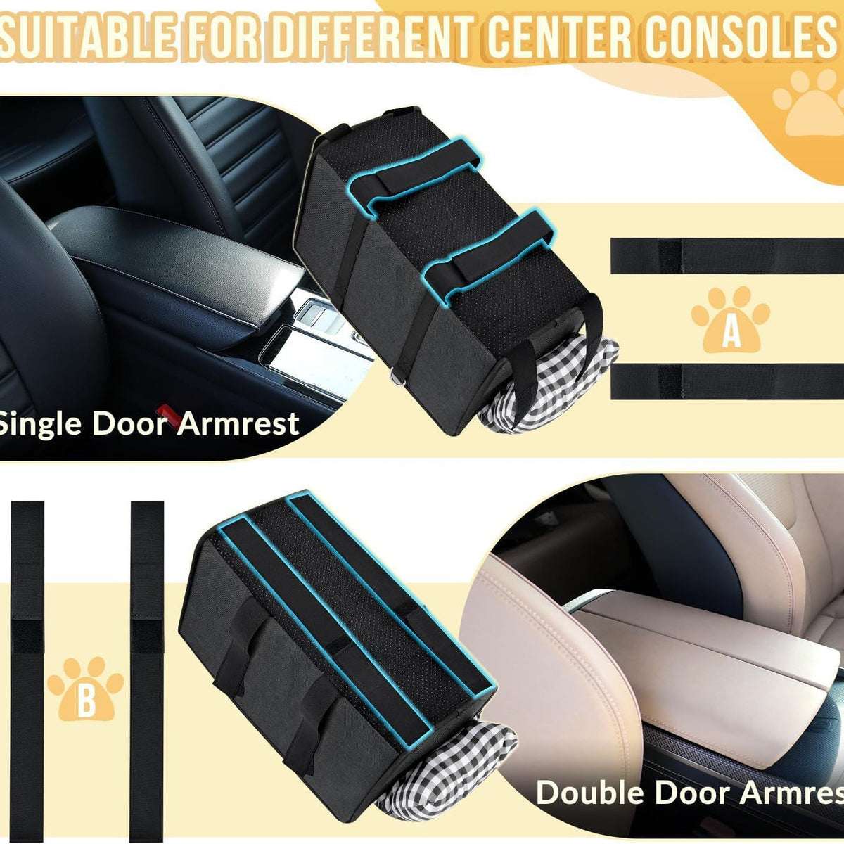 Bottom straps fit single-door and double-door center armrests