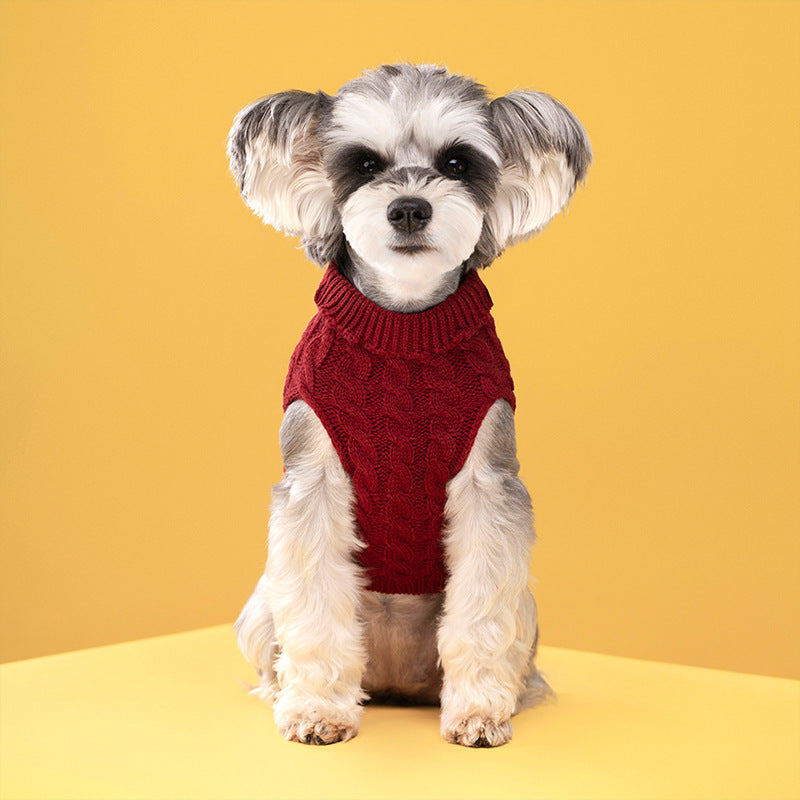 Dark Red cable-knit dog sweater, front view