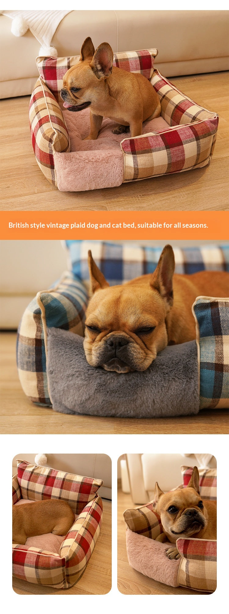 Petananda Retro Plaid All-Season Washable Pet Bed, Chew-Resistant For Small Medium Dogs & Cats — in use