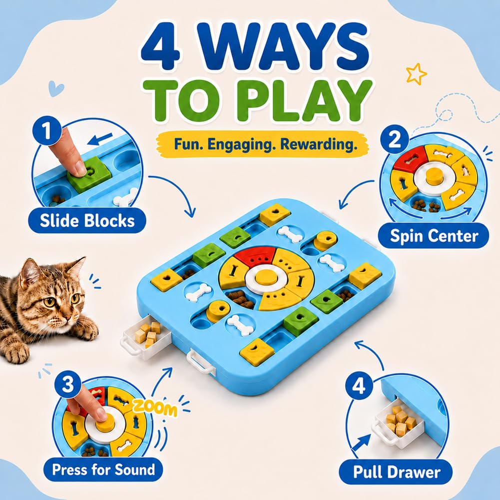 IQ Treat Puzzle 4 ways to play: slide blocks, spin center, press for sound, pull drawer