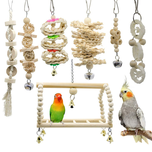 Petananda 7 Packs Bird Parrot Swing Chewing Toys-Hanging Bell Bird Cage Playing Toys Hanging Rope And Clip Design, Suitable For Small Parakeets, Cockatiels, Conures, Finches,Budgie,Macaws, Parrots, Love Birds — in use
