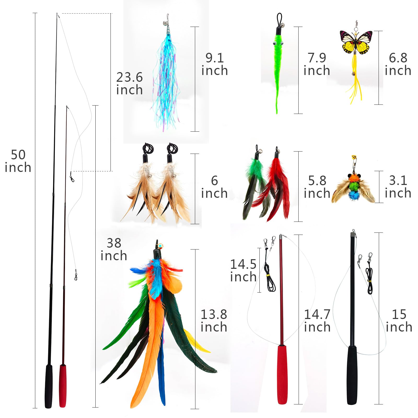 Petananda 2PCS Retractable Cat Teaser Wands & 9PCS Feather Refills Toy