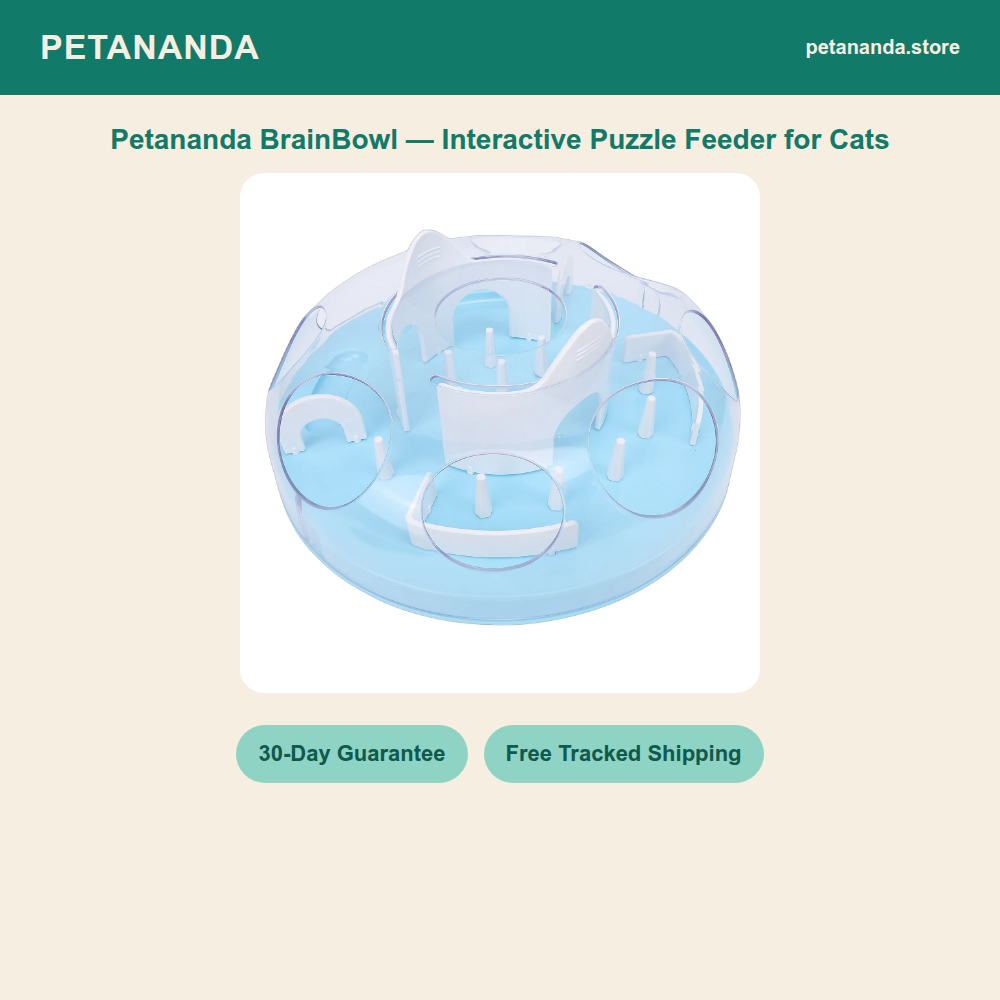 Petananda BrainBowl interactive puzzle feeder for cats — feature graphic showing the rotating-ring maze bowl with 30-Day Guarantee and Free Tracked Shipping badges