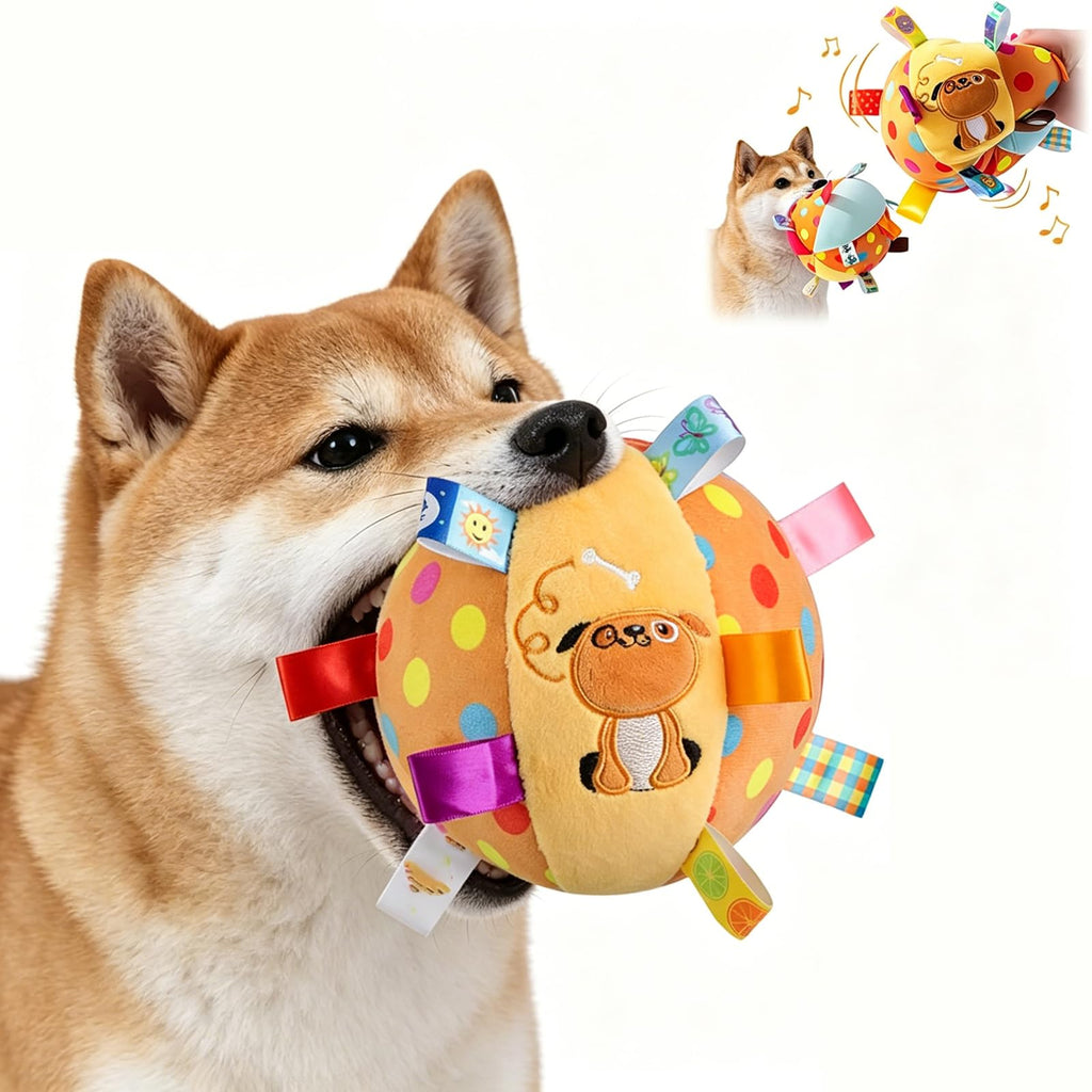 Petananda Colorful Squeaky Hanging Dog Training Toy, Squeaky Hanging Dog Toy, Dogs Ball With Ribbons And Bell, Pet Interactive Fetch Toys For Small Medium Dog Training Toy — in use