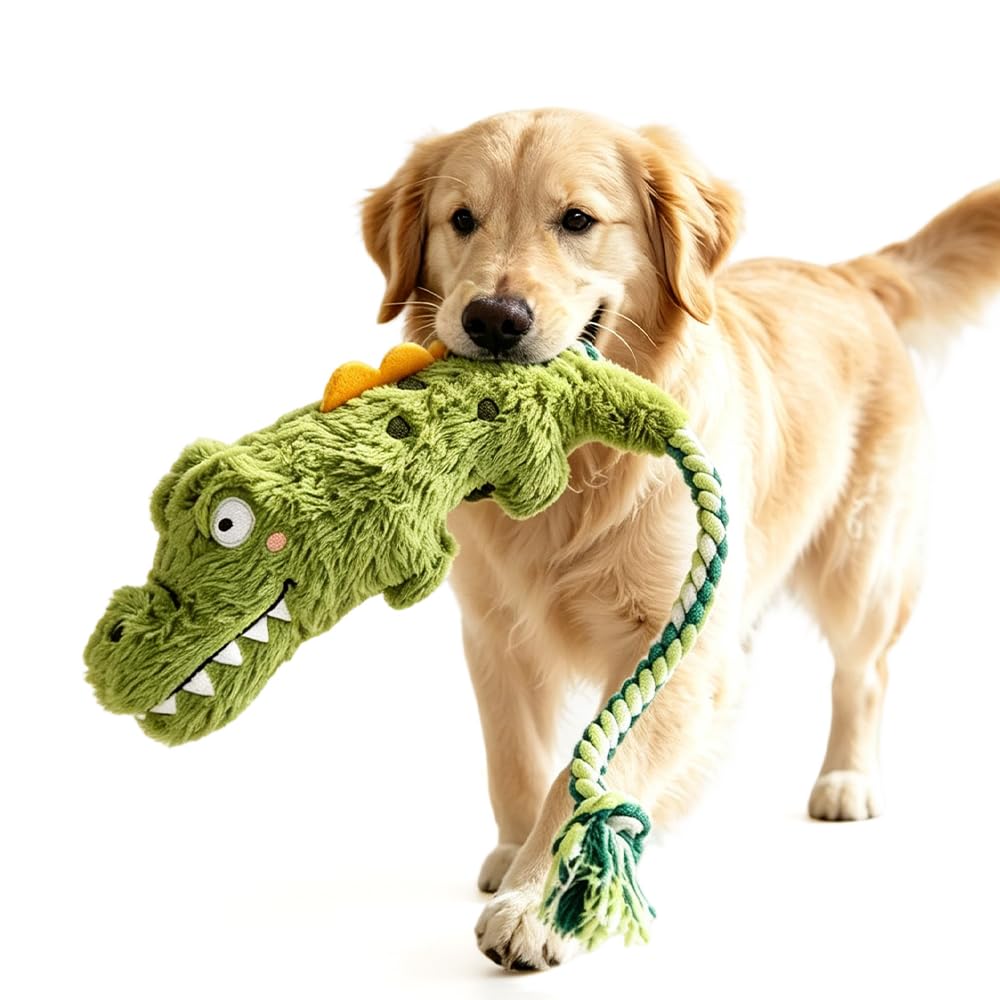 Dog carrying the Petananda SnapJaw chew toy in the green crocodile style