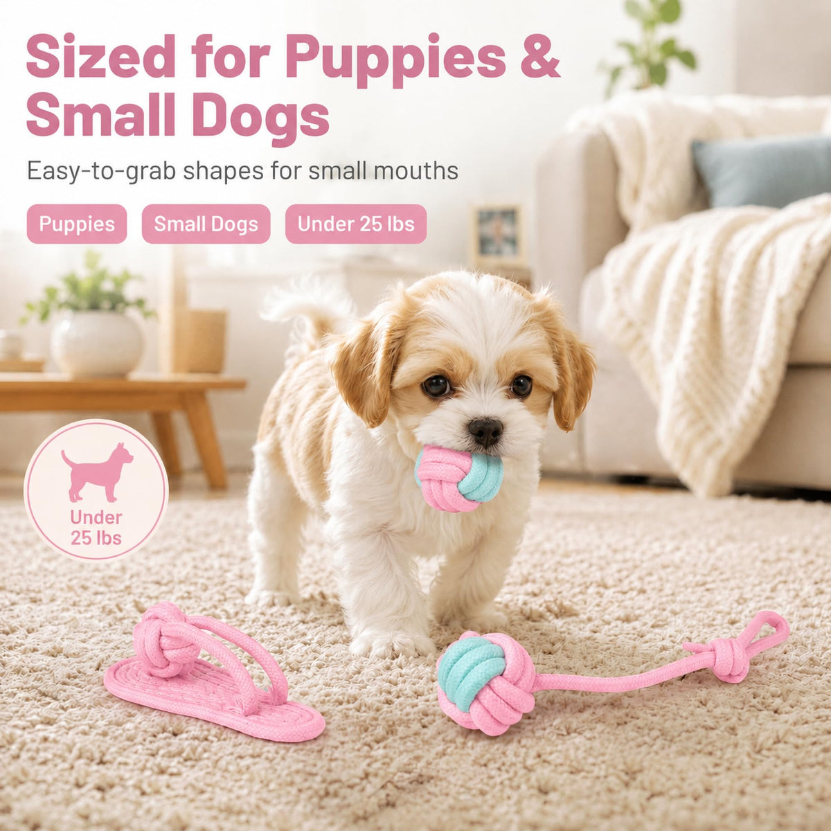 Petananda Dog Rope Toys For Puppies And Small Dogs, 6 Pack Cotton Rope Chew And Tug Toys For Teething Puppies, Tossing And Indoor Play — in use