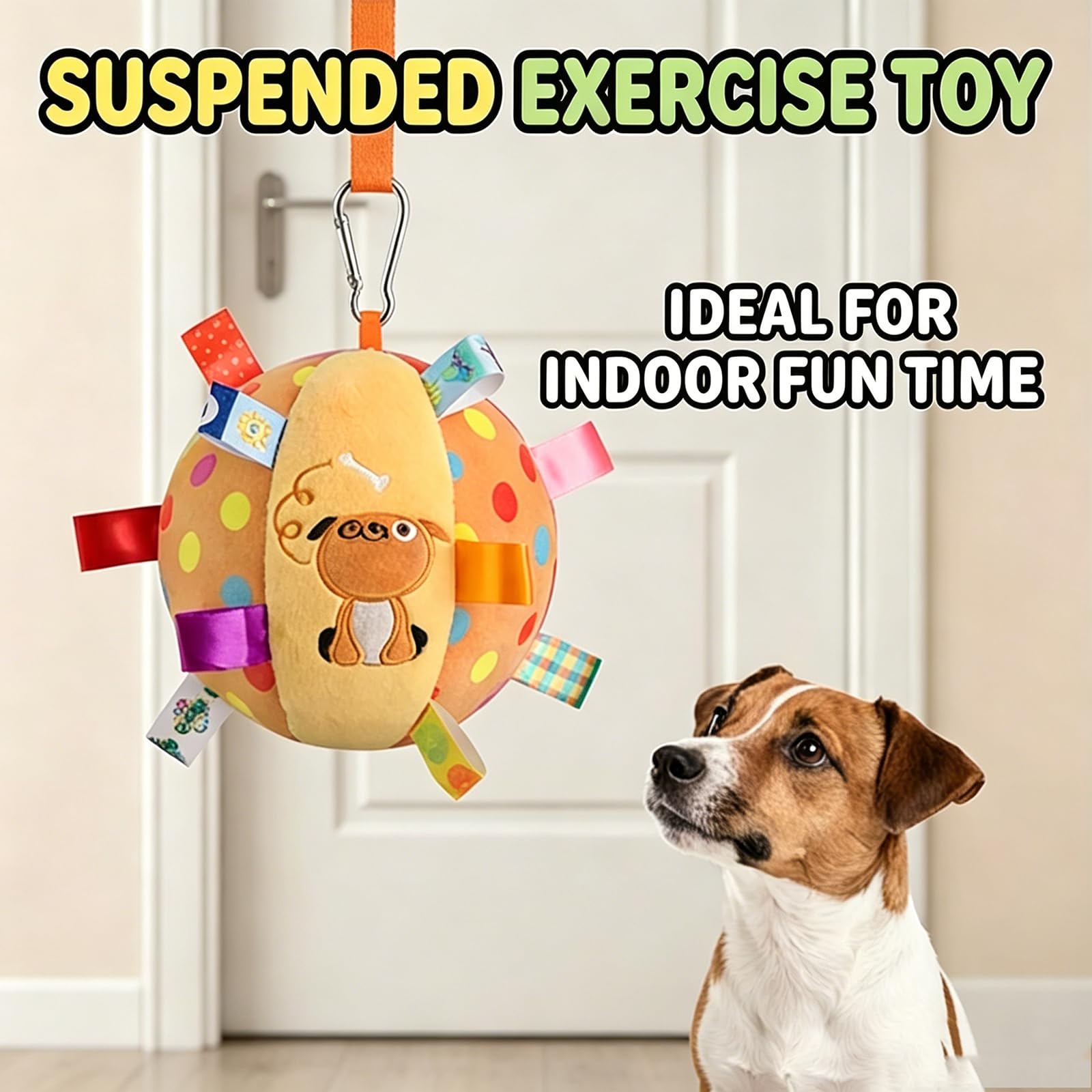 Petananda Colorful Squeaky Hanging Dog Training Toy, Squeaky Hanging Dog Toy, Dogs Ball With Ribbons And Bell, Pet Interactive Fetch Toys For Small Medium Dog Training Toy — in use