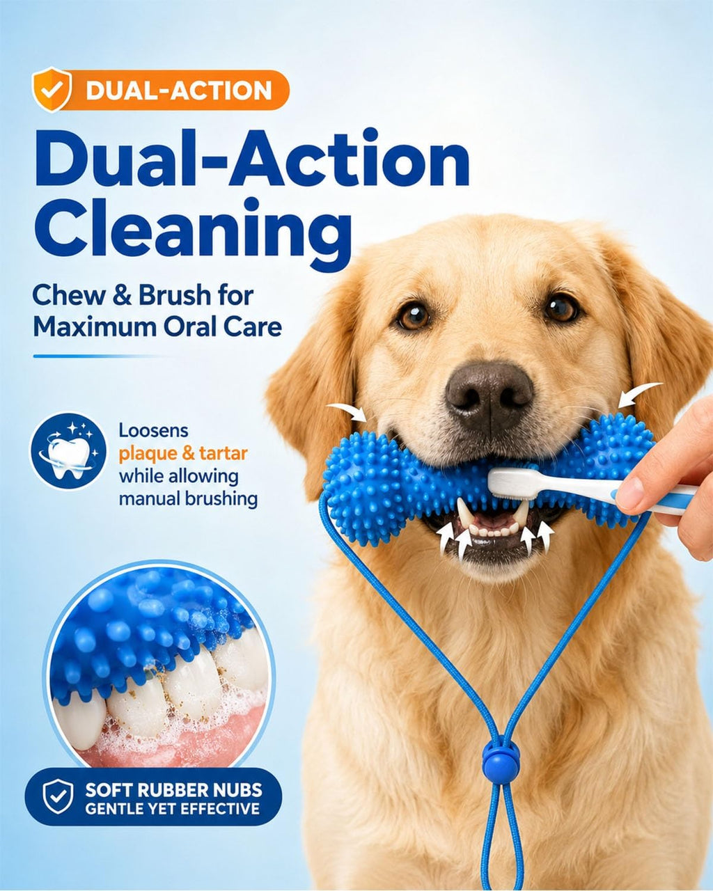 Petananda Dual-Action Canine Dental Prop, Bite And Brush Dental Toy For Dogs, Teeth Cleaning Fresh Dog Tartar And Plaque Remover, Woof Tooth Hard Off, Brushing Toothbrush Tools Care Chew Toys 1PC — in use