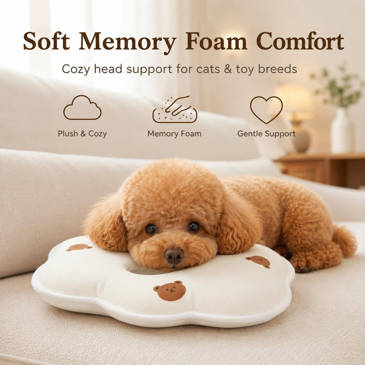 Petananda Soft Memory Foam Pet Pillow For Small Dogs And Puppies - Ergonomic Bear-Shaped Cushion For Head And Neck Support, Cozy Nap Bed For Home And Travel, Cute Bear Print Design — in use