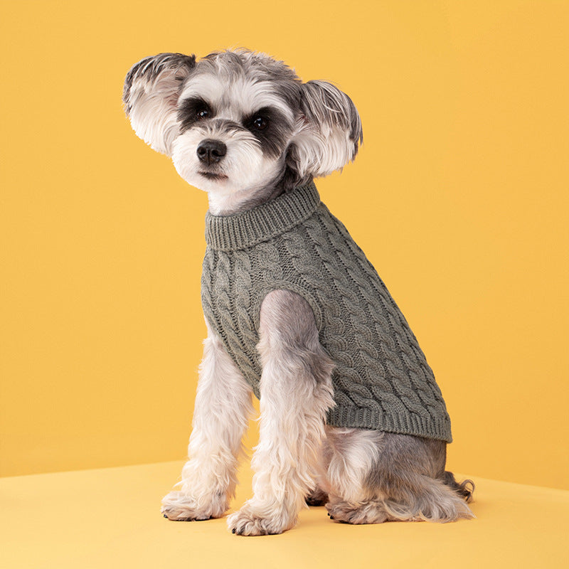 Gray cable-knit turtleneck dog sweater on a small dog