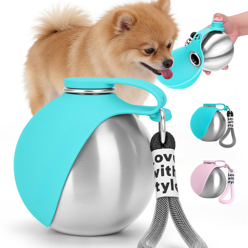 Portable stainless steel no-spill dog water bottle with bowl