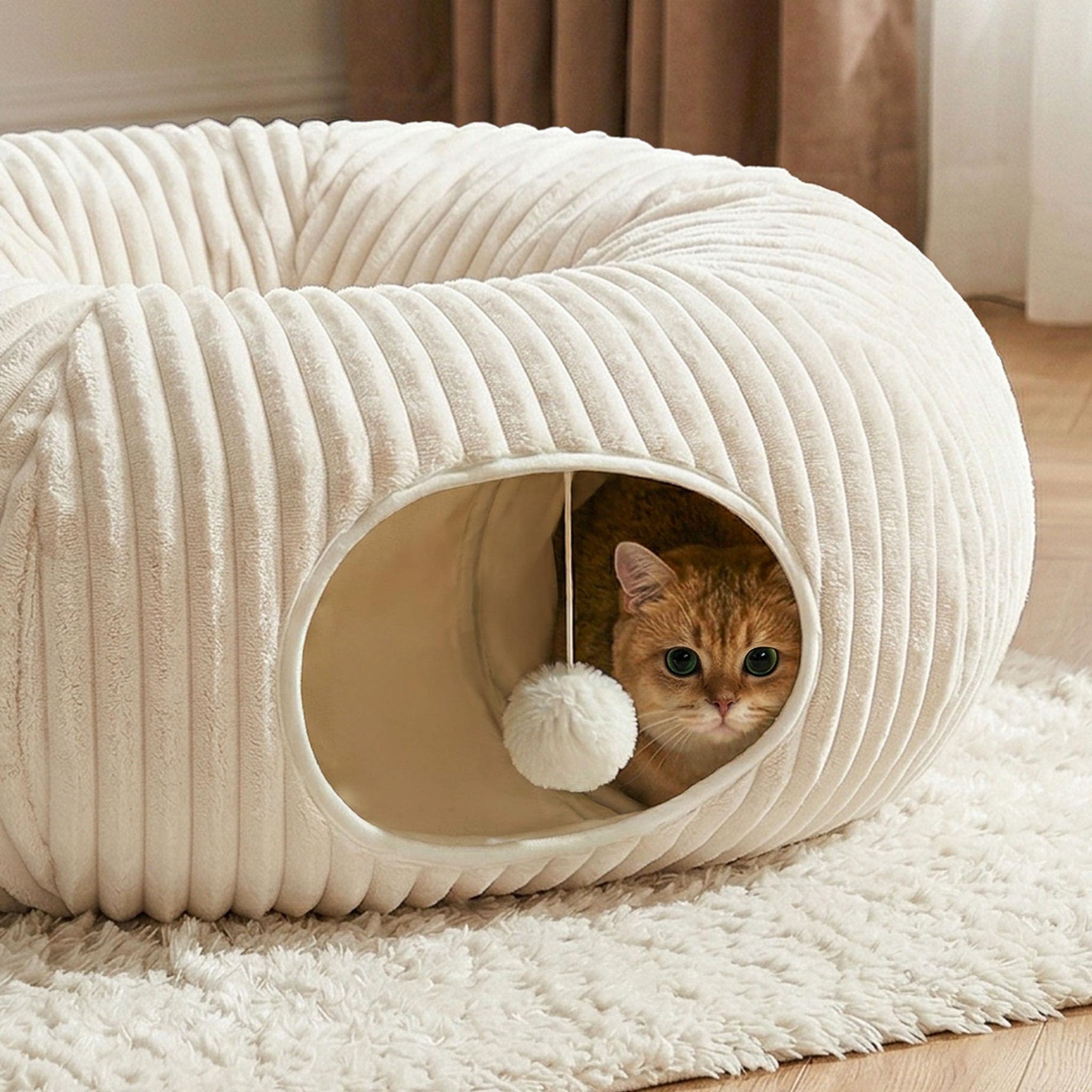 Petananda Cat Tunnel Bed With  Interactive Cat Toys, Cat Tube With Kitten Toys For Indoor Kittens, Collapsible Play Tunnel, White — in use