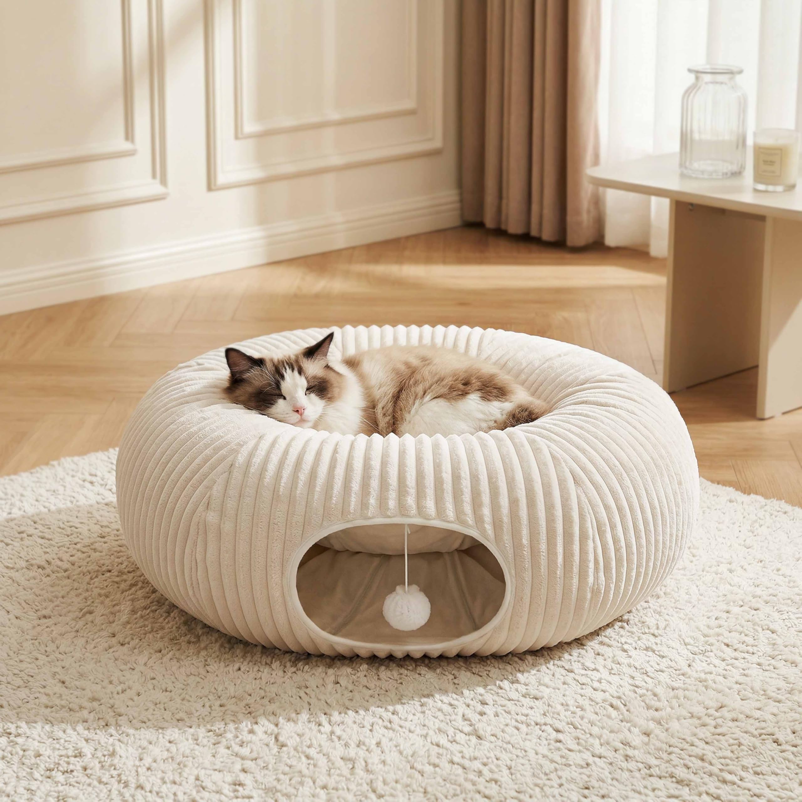 Petananda Cat Tunnel Bed With  Interactive Cat Toys, Cat Tube With Kitten Toys For Indoor Kittens, Collapsible Play Tunnel, White — in use