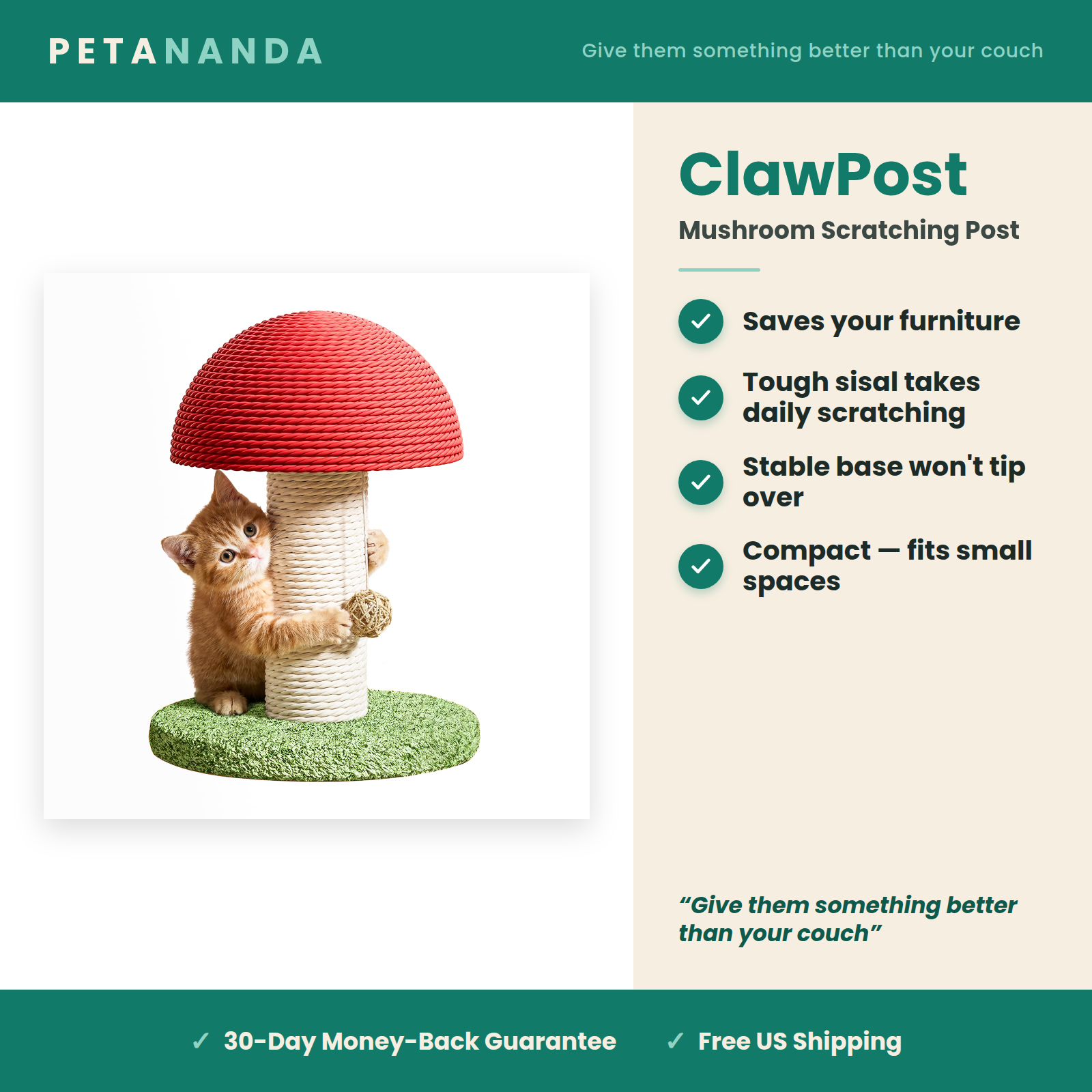 ClawPost mushroom cat scratching post — saves furniture, durable sisal, stable base, compact