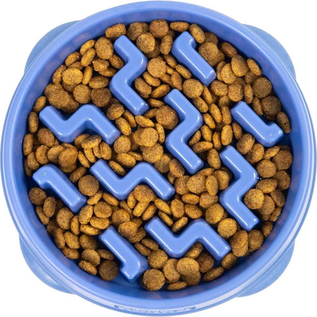 Petananda Feeder Slo Bowl  Medium 2Cup Capacity, Slow Feeding, Small To Medium Dogs  Cats, Non Slip, Blue, Notch Pattern — in use