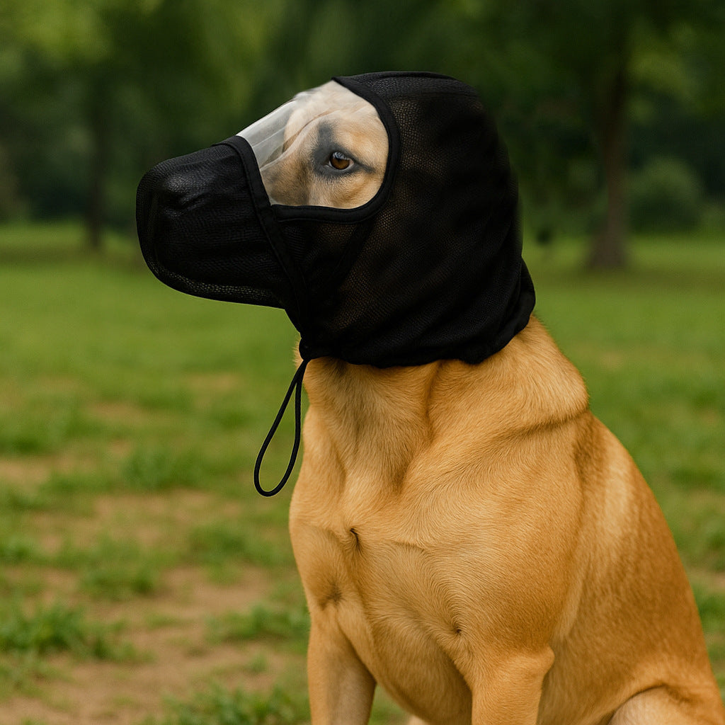 Petananda Dog Protective Mask Dog Mesh Muzzle Hood Mosquito And Insect-Proof Head Cover Breathable Anti Bite Anti Licking Mask — in use