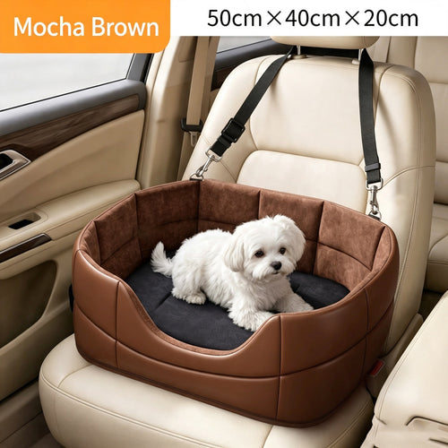 Brown dog car seat bed fitted on a car seat, 50 x 40 x 20 cm