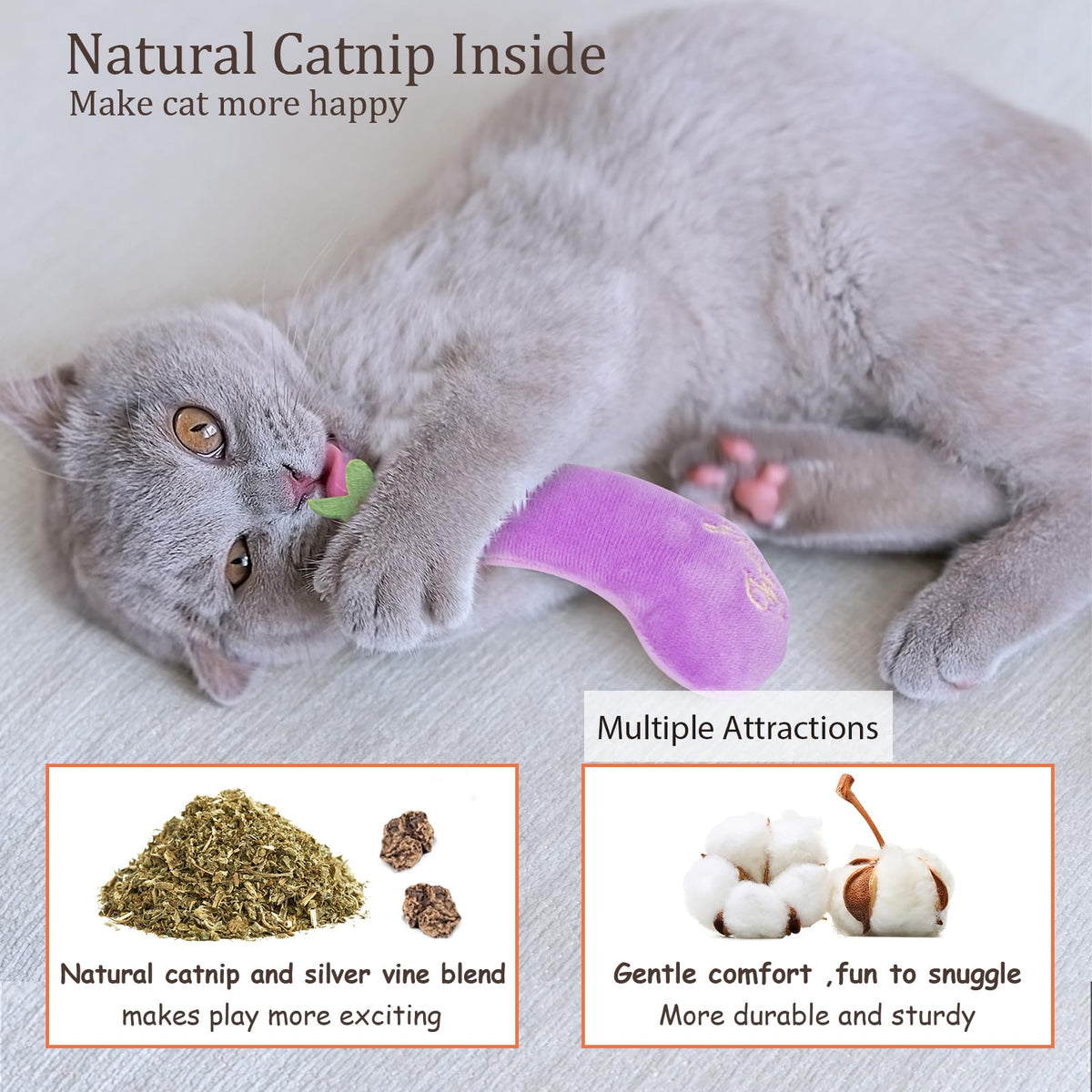 Petananda Catnip Cat Toys, 5 Pack, Plush Catnip Toys For Indoor Cats Kitten, Interactive Cat Nip Kitty Kicker Chew Safe Teeth Cleaning Toys, Carrot Vegetable Shape — in use