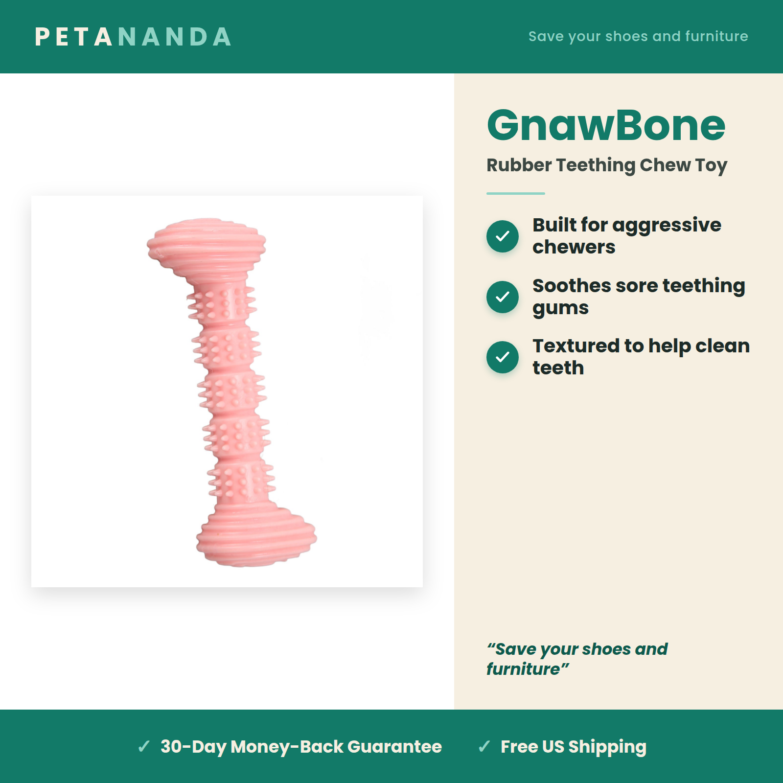 GnawBone rubber dog teething chew toy — built for aggressive chewers, soothes gums, cleans teeth