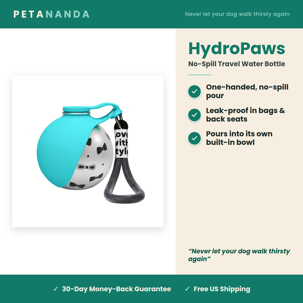 HydroPaws no-spill dog water bottle — key benefits: one-handed no-spill pour, leak-proof, built-in bowl