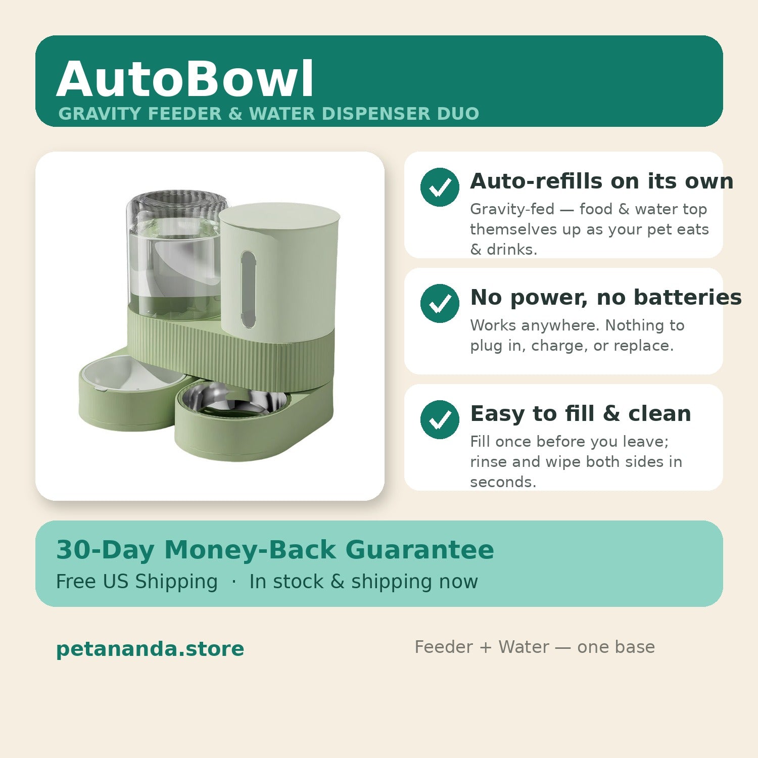 AutoBowl gravity feeder and water dispenser duo — auto-refills food and water, no power or batteries, easy to fill and clean, 30-day guarantee