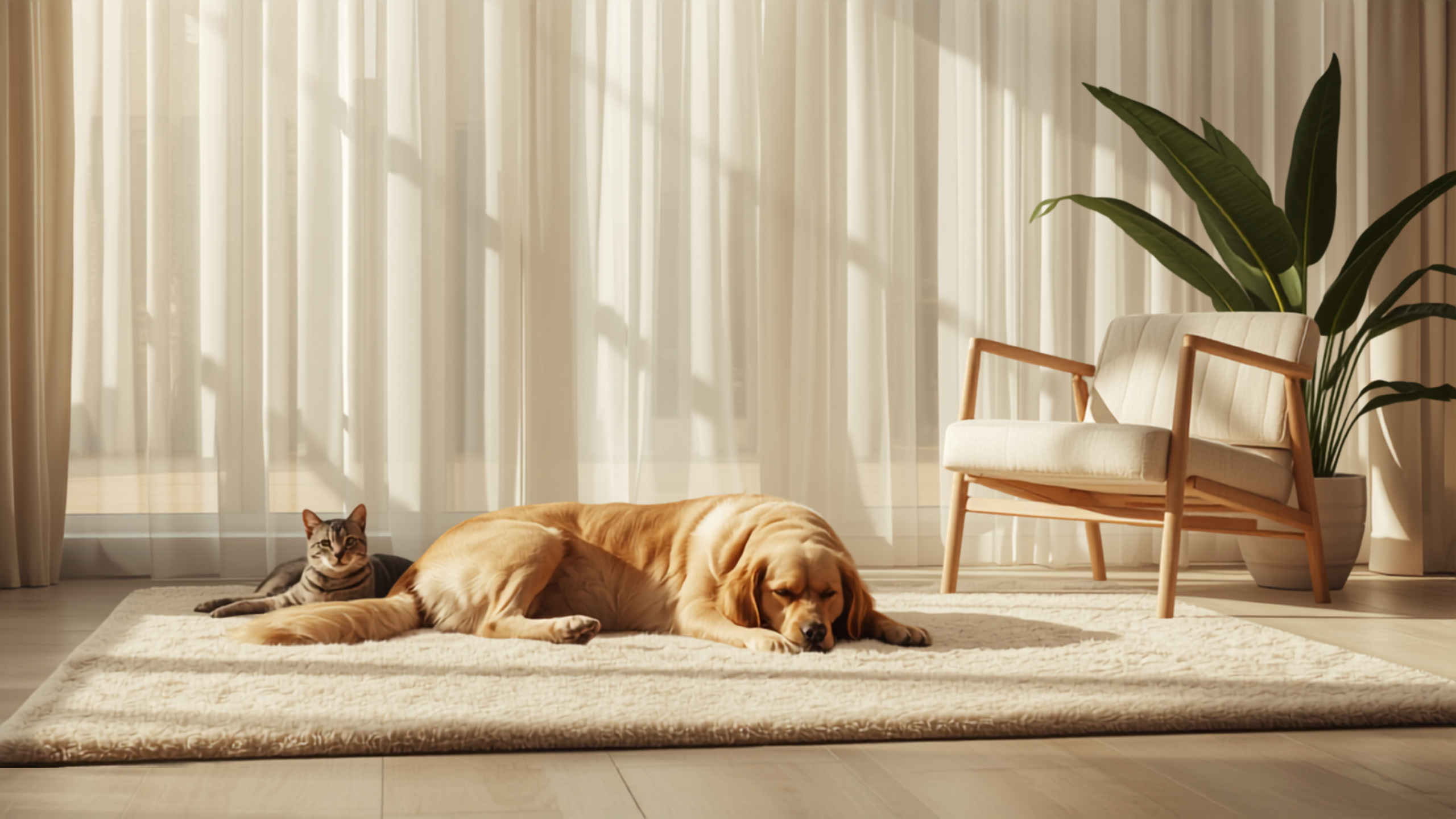 Golden dog and cat resting together in a sunlit modern living room — Petananda
